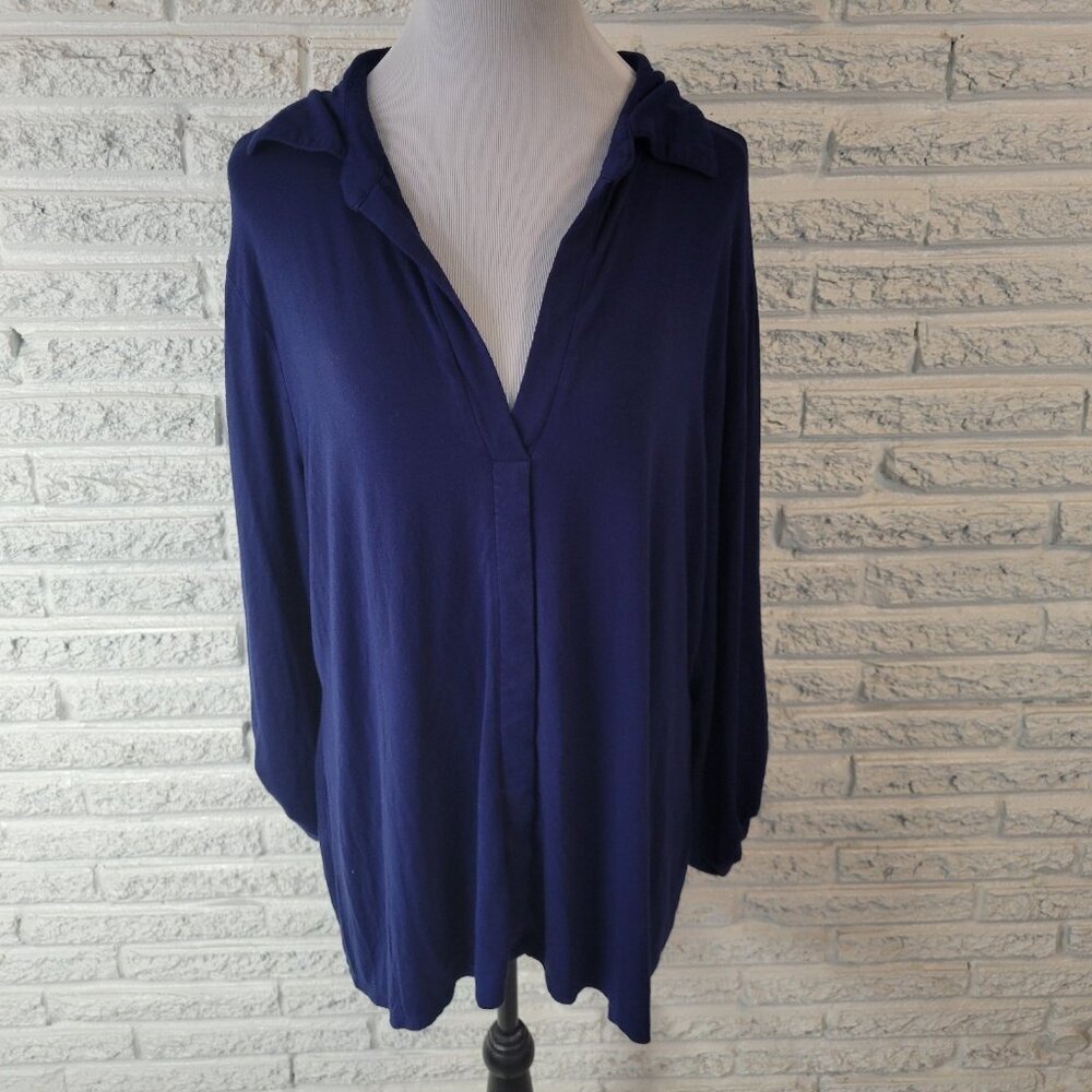 Fenn Wright Manson 1X Plus Tunic Top Blue Collared Roll Tab Sleeve BLU57E